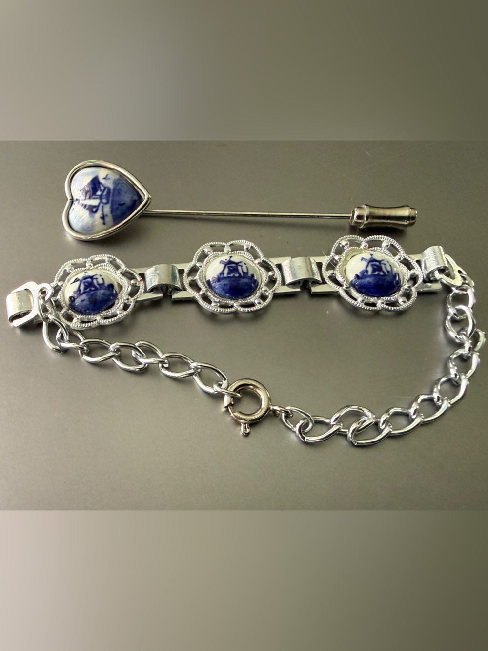 Vtg Delft Blue Porcelain Windmill Filigree 8" Long Panel Bracelet Stick Pin Set